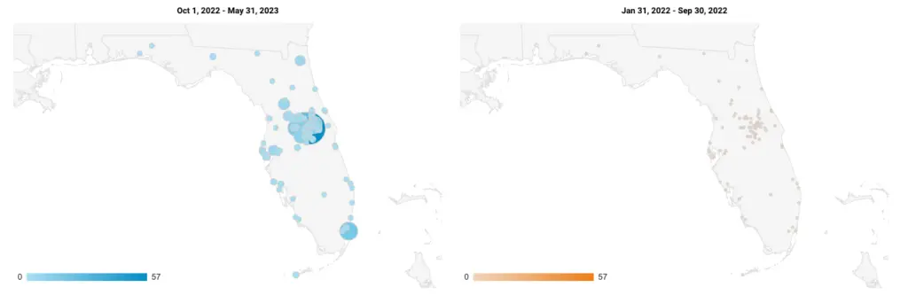 Graph depicting rising geographic traffic in Florida quarter over quarter for BrightWater Irrigation & Lighting