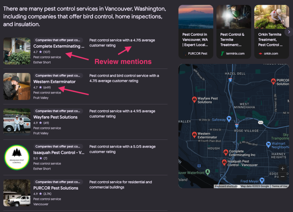 Google's Generative Search Experience, displaying multiple pest control company locations and prominently showcasing their reviews
