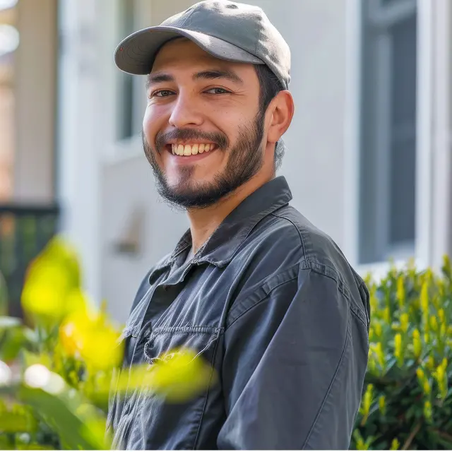 Pest control technician in a residential yard