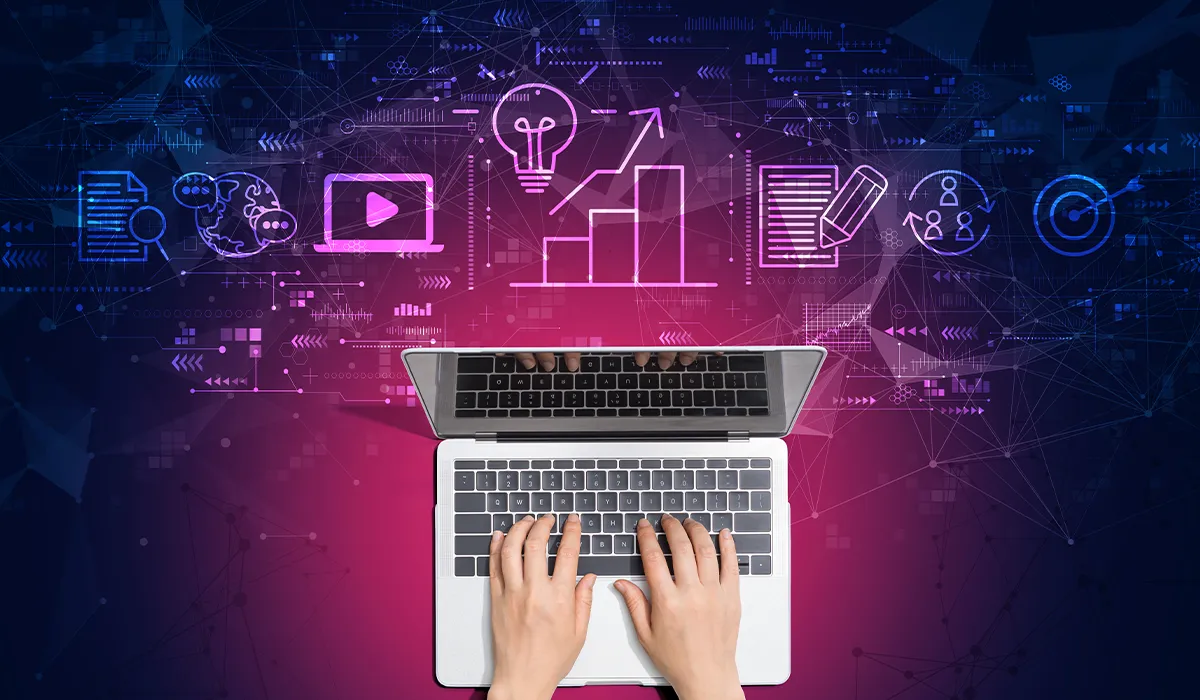 Symbols representing creative ideas bursting from a laptop.