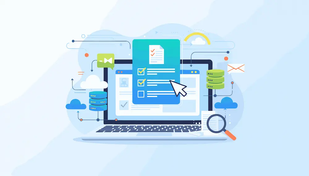 Digital graphic of a content strategy checklist with cursor and digital items bursting out of a laptop,.
