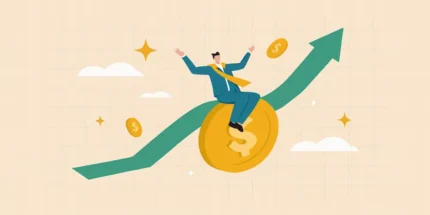 Infographic showing business owner riding a coin on an upwards trajectory, likely to occur after working with City Ranked's digital services.