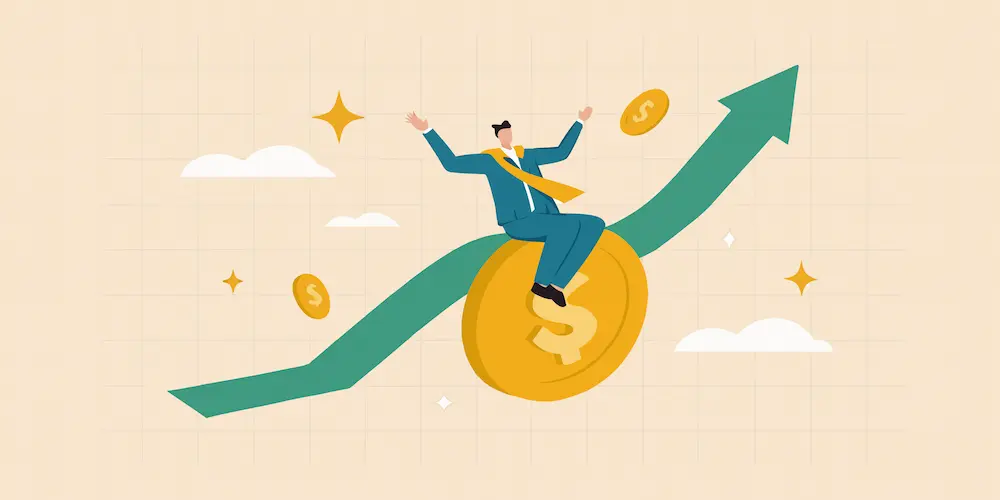 Infographic showing business owner riding a coin on an upwards trajectory, likely to occur after working with City Ranked's digital services.