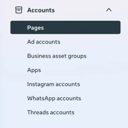 Meta Business Portfolio Accounts menu with Pages highlighted above options for Ad, Instagram, and WhatsApp accounts.