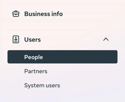 Meta Business Portfolio navigation panel displaying Business info and Users options with People highlighted.