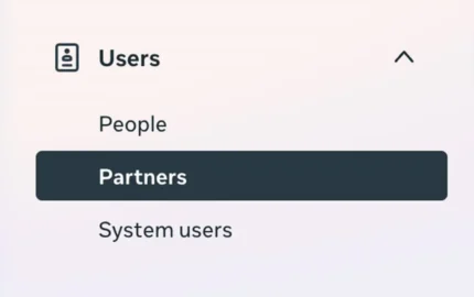Meta Business Portfolio sidebar menu with Users expanded and Partners highlighted.