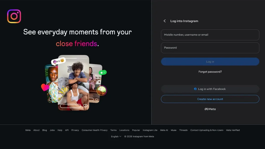 Instagram web login interface featuring the sign-in form alongside promotional app imagery.