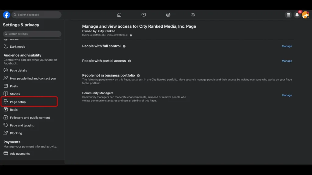 Facebook page settings menu showing access controls, highlighting the Page Setup tab in red.