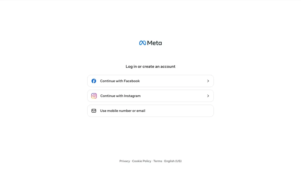 Meta login screen with options to continue with Facebook, Instagram, or mobile number and email.