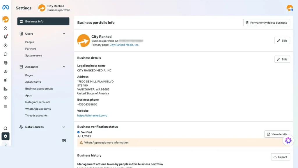 Meta Business Portfolio settings page showing business info details, verification status, and sidebar menu.