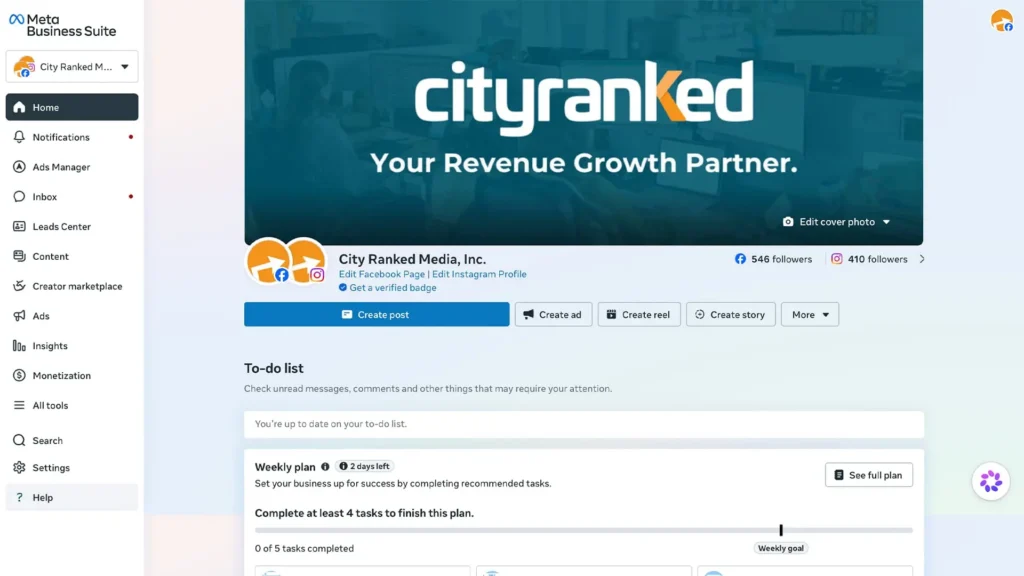 Meta Business Suite home dashboard displaying the City Ranked Media profile header, navigation sidebar, and task management widgets.